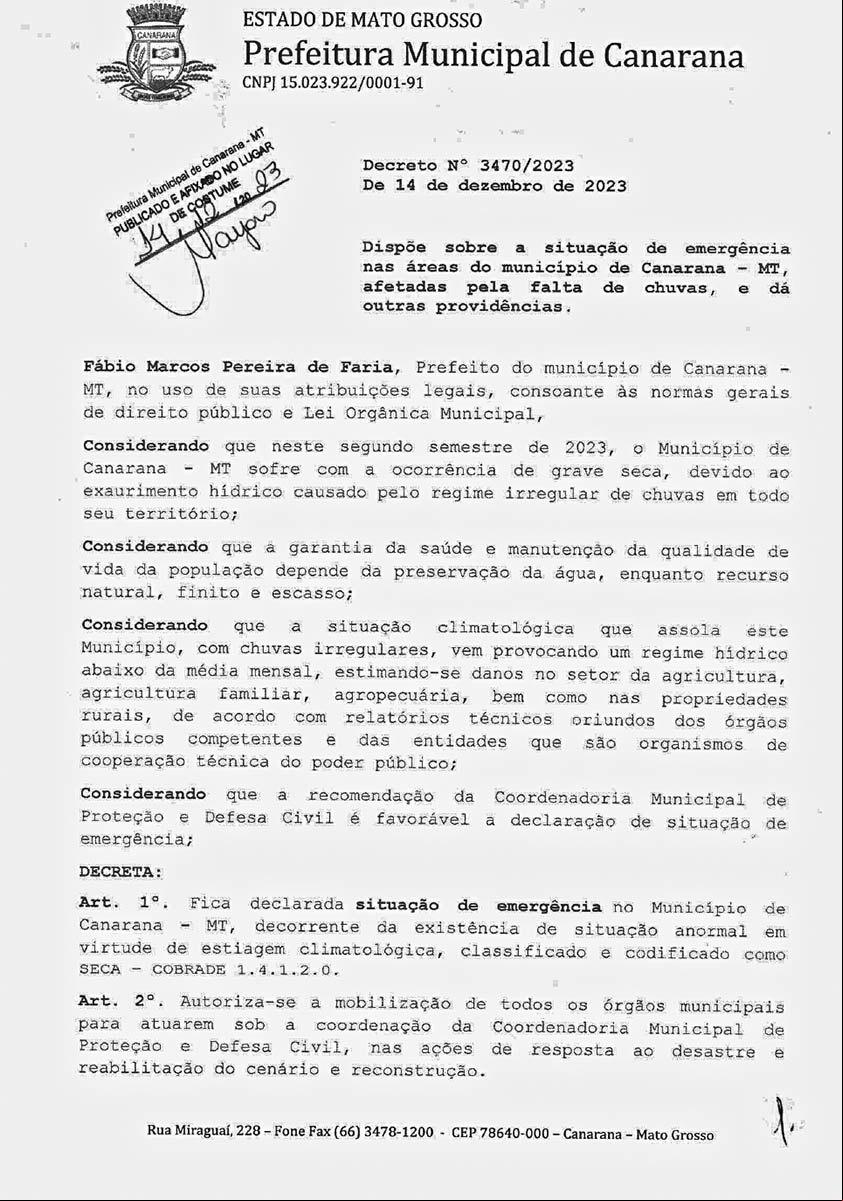 Estiagem prolongada atinge Canarana e prefeitura decreta situação de emergência